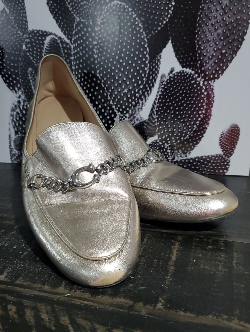 Coach Metallic Silver Chain-Trim Loafers Classic Timeless Shimmer Shiny Statemen